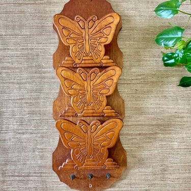 Vintage Wood Wall Mount Butterfly Letter and Key Holder - Three Tier Compartments 