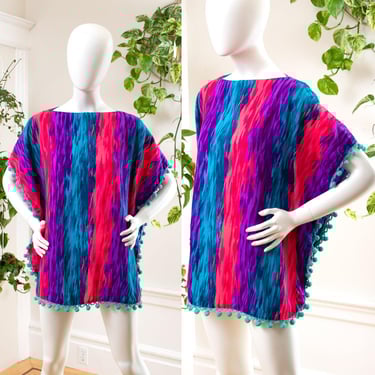 Vintage 1960s 1970s Mini Kaftan | 60s 70s Striped Hawaiian Psychedelic Barkcloth Dingle Balls Short Summer Swimsuit Coverup Dress | xs-large 