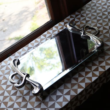 Rare Mid-Century Godinger Vintage Mirrored Tray with Silver Heart Handles Vanity Plate Deco 