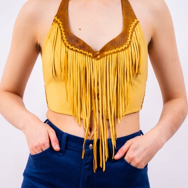 1970's leather fringe halter top