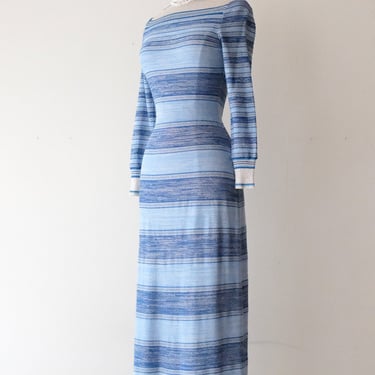 Brilliant 1970's Blue &amp; Silver Striped Metallic Knit Evening Gown / Sz SM