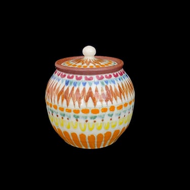 Vintage Hand Crafted and Painted Studio Art Pottery Covered Urn or Jar or Canister Artist Signed on Base 1970s 