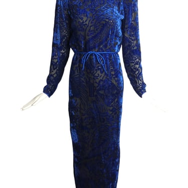 OSCAR DE LA RENTA- 1980s Blue Voided Velvet Gown, Size 4