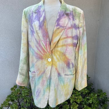 Vintage boho pastels tie dyed linen boyfriend jacket blazer pockets lined Large XL 