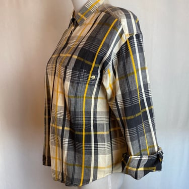 80’s cool cotton plaid Women’s blouse~ boxy blouse Petite size small ~ dark chocolate brown & mustard plaid pleats| XSM-SM juniors style 