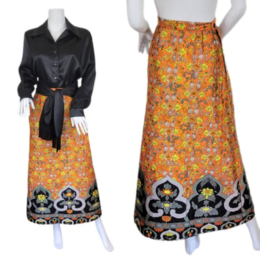 1960's Orange Black Floral Print Quilted Long Maxi Skirt I Sz Sm 