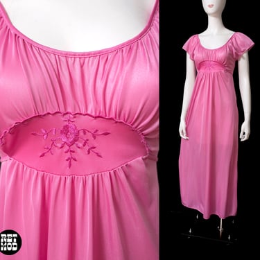 Pretty Vintage 60s 70s 80s Cool Pink Long Nightgown with Floral Center & Adjustable Waist 