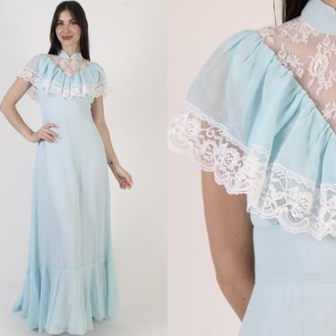 Asymmetrical Prairie Wedding Dress, 70s Sheer Floral Lace, Bridesmaids Capelet, Boho Lawn Gown 