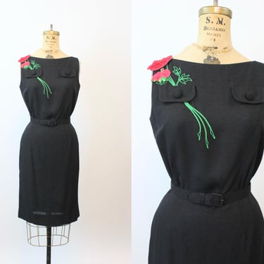 1950s MINX MODES rose applieque linen dress xs | new spring summer 