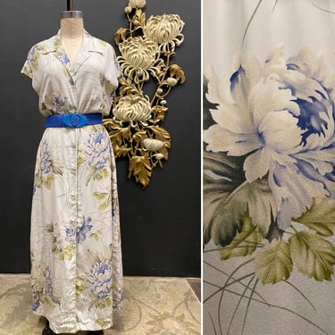 1980s midi dress, Ellen tracy, hydrandrea print, vintage dress, pale blue silk, classic summer dress, medium large, cap sleeve, button up 