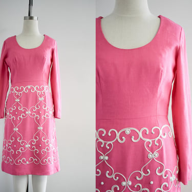 1960s Carlye Heavy Pink Linen Dress with Studs 