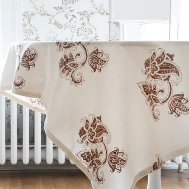 Les Indiennes Block Print Cotton Round Table Cloth, "Paris" in Chocolate, 84 inches