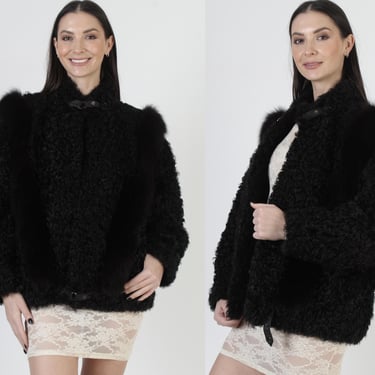 Emba Black Fox Coat, Real Curly Tibetan Lamb Fur, Vintage Designer Cropped Jacket 