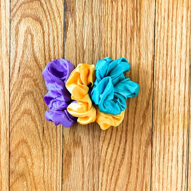 90s Set of 3 Satin Handmade Scrunchies in Yellow Purple and Green 