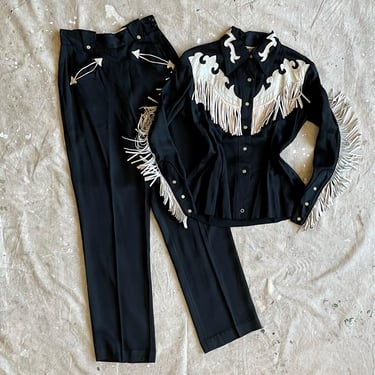 Size Small Vintage 1940s Ranch Maid Black Gabardine 2pc Western Suit with White Leather Fringe Accents 2275 