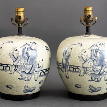Chinese White & Blue Porcelain Ginger Vase Lamp, Pair