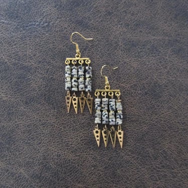 Dalmatian jasper and gold tribal chandelier earrings 