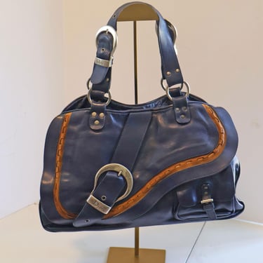 Christian Dior Y2K Gaucho Saddle Bag in Midnight Blue + Brown Vintage John Galliano Y2K CD Logo Print Shoulder Handbag John Galliano Navy 
