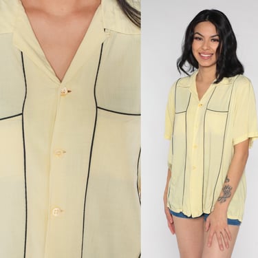 Pale Yellow Shirt 70s Button Up Shirt Black Striped Collared Short Sleeve Plain Basic Retro Seventies Preppy Top Vintage 1970s Large 16 1/2 