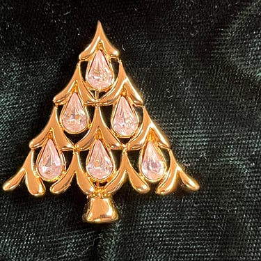 Napier Christmas tree brooch 1960s gold and crystal jeweled holiday lapel pin 