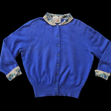 Midcentury Sweater / 50s Jantzen Cardigan / Blue Long Sleeve with Floral Collar and Cuffs / Knitwear 