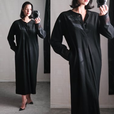 Vintage 90s ISSEY MIYAKE PLANTATION Black Chainstitch Cuff Unisex Dress w/ Pockets | 100% Wool | 1990s Designer Avant Garde Minimalist Dress 