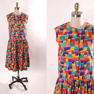 1980s Novelty Rainbow Multi-Colored Cat Print Sleeveless Button Up Drop Waist Dress by Impressions by Lyris Kay -S 