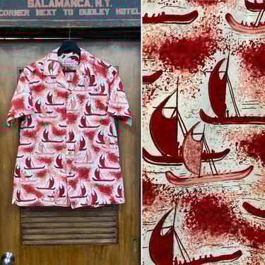 Vintage 1950’s “Shaheen’s” Atomic Boat Tiki Cotton Hawaiian Shirt, Loop Collar, Matching Pocket, 1950’s Shirt 