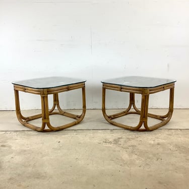 Pair Vintage Coastal Rattan End Tables 