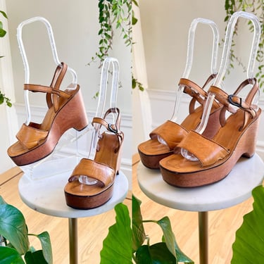 Vintage 1970s Sandals | 70s Light Brown Leather Wood Platform Wedge Open Toe Ankle Strap Boho Bohemian Shoes (size US 8) 