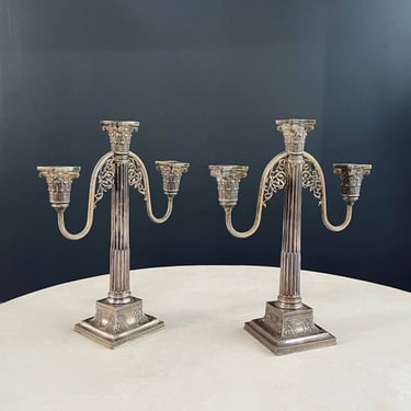 Pair of Neoclassical Silver-Plate Corinthian Column Candelabras, c.1940’s 