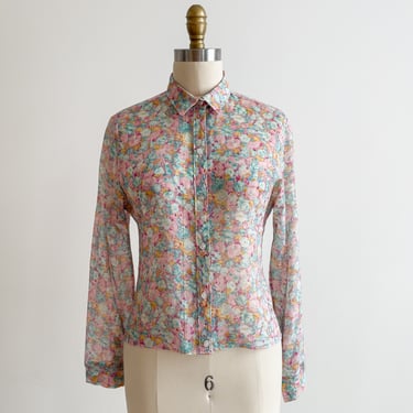 cute cottagecore blouse 70s vintage pastel pink blue floral cotton long sleeve shirt 