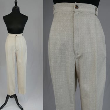 90s Pleated Beige Pants - 28" to snug 30" waist - High Waisted - Fundamental Things - Vintage 1990s Trousers 30" inseam 