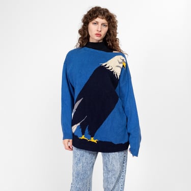 Lrg-XL 90s Perry Ellis Eagle Novelty Knit Sweater Unisex | Vintage Blue Cotton Silk Intarsia Pullover 