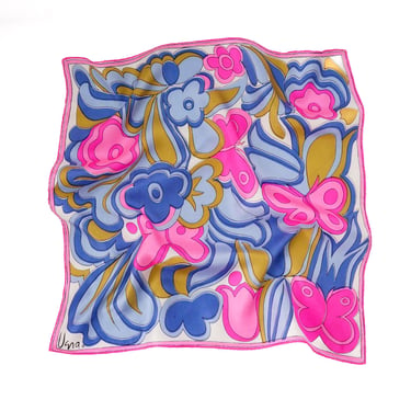 Vintage Vera 1960's Vintage Scarf Butterfly Flower Square Scarf Hand Rolled Hem Vintage Pink Blue Floral Scarf for Neck Scarf for Hair 