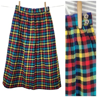 Vintage 90s Pleated Plaid Flannel Skirt 8/10 Midi Tartan Teal Red Yellow Alt 