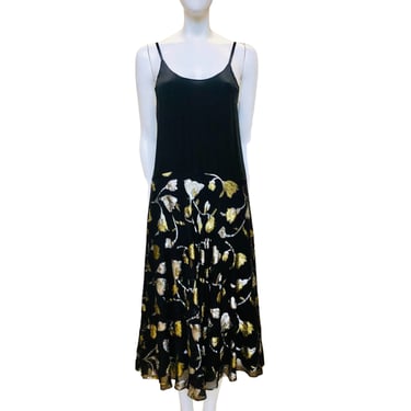 1980's The Silk Farm Black Slip Dress w/Lurex Floral Jacquard Skirt
