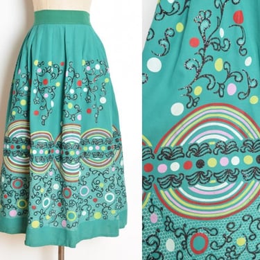 vintage 50s skirt green rayon full flock border printed graphic high waisted volup L XL 