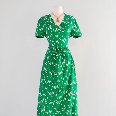 Vintage 1970's Diane Von Furstenberg Kelly Green &amp; White Floral Wrap Dress / ML