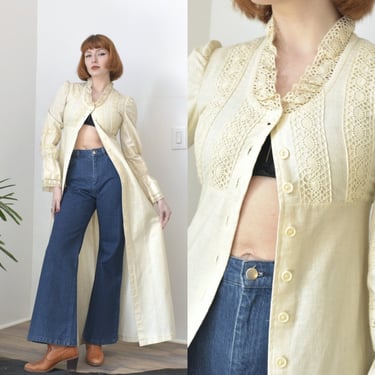 Vintage 1970s Duster Jacket / 70s Cotton Maxi with Crochet / White Cream ( XS S ) 