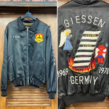 Vintage 1960’s Germany Tour Satin Military Devil Souvenir Jacket, 60’s Military Jacket, 60’s Souvenir Jacket, 60’s Jacket, Vintage Clothing 