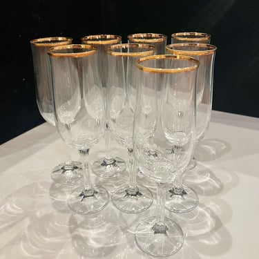 Elegant Set of 8 Fluted Champagne Geneve by Bohemia Crystal Gold Rim