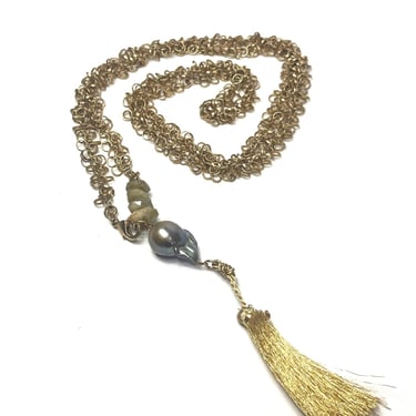 Vintage Pearl Tassel Necklace, Gold Chain Necklace, Long Gold Necklace, Tassel Necklace,  Tassel and Crystal Bead Necklace, Gold Tassel 