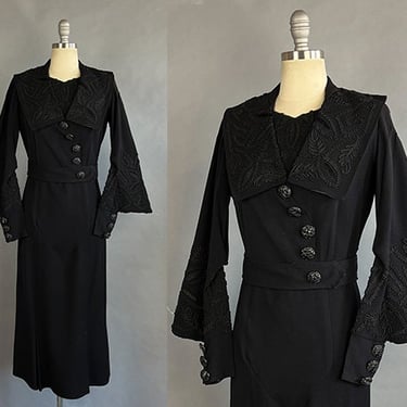 1918 Day Dress /Dramatic Midnight Wool Dress w/ Passementerie / Statement Sleeves / Size Small Medium 