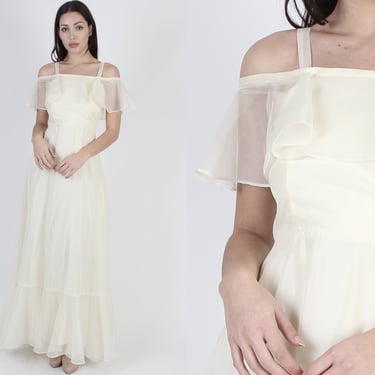 70s Ivory Chiffon Wedding Maxi Dress / 1970s Off White Formal Bridal Ceremony / Solid Lace Long Womens  Bridesmaids Dress 