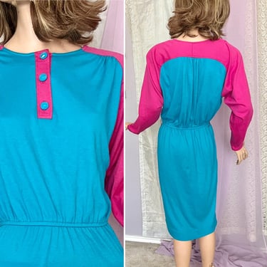 Casual Color Block Dress, Vintage 80s 90s, Soft Cotton Knit, Batwing, Hot Pink Teal 
