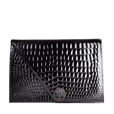 Yves Saint Laurent Vintage Black Croc Embossed Patent Leather Structured Clutch Bag