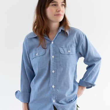 Vintage Worn in Sun Faded Chambray Long Sleeve Shirt | Unisex Western Lightweight Cotton Blend Oxford Blouse Workwear | M L | 