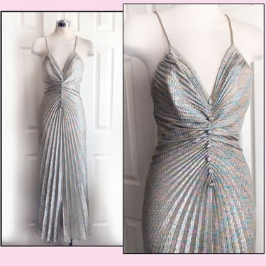 Sparkly 1970s Pleated Evening Party Dress Vintage Disco Prom Cocktail GOWN, Long Dress, Lamé Marilyn Monroe style 