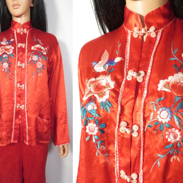 Vintage 40s Silk Embroidered Asian Souvenir Pajamas Loungewear Set Size M 